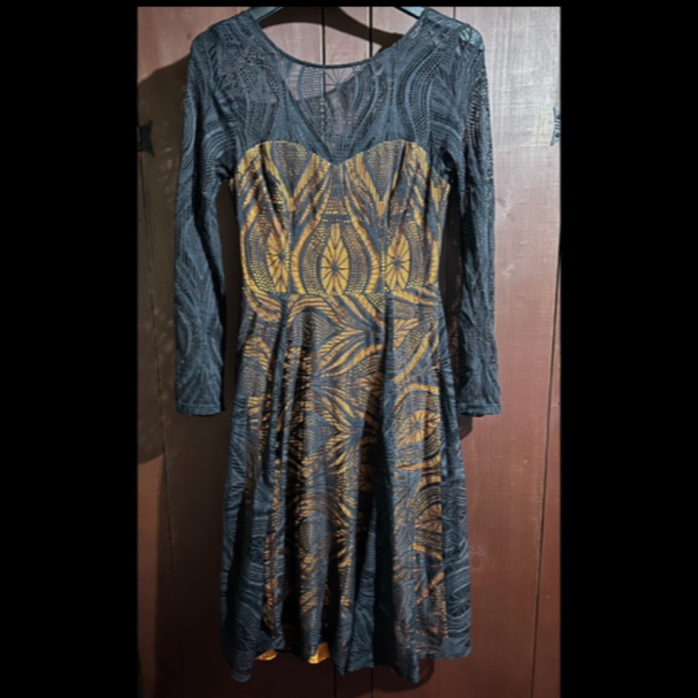 Eva Franco Embroidered Laced Long Sleeve Fit & Flare Dress Black/Orange Size 6